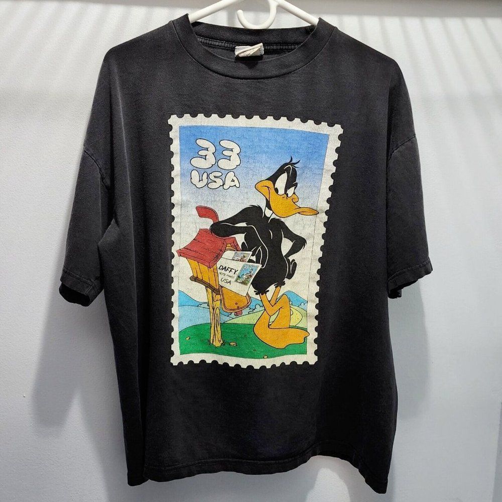 Daffy Duck Looney Toons Stamp Vintage Shirt Black Y2K Quality Rare Adult Size XL